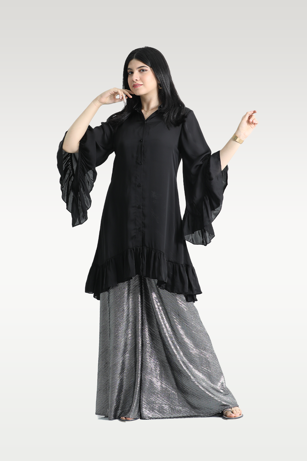 Alish Black Kurti with Designer Sleeve and Grey Lehnga