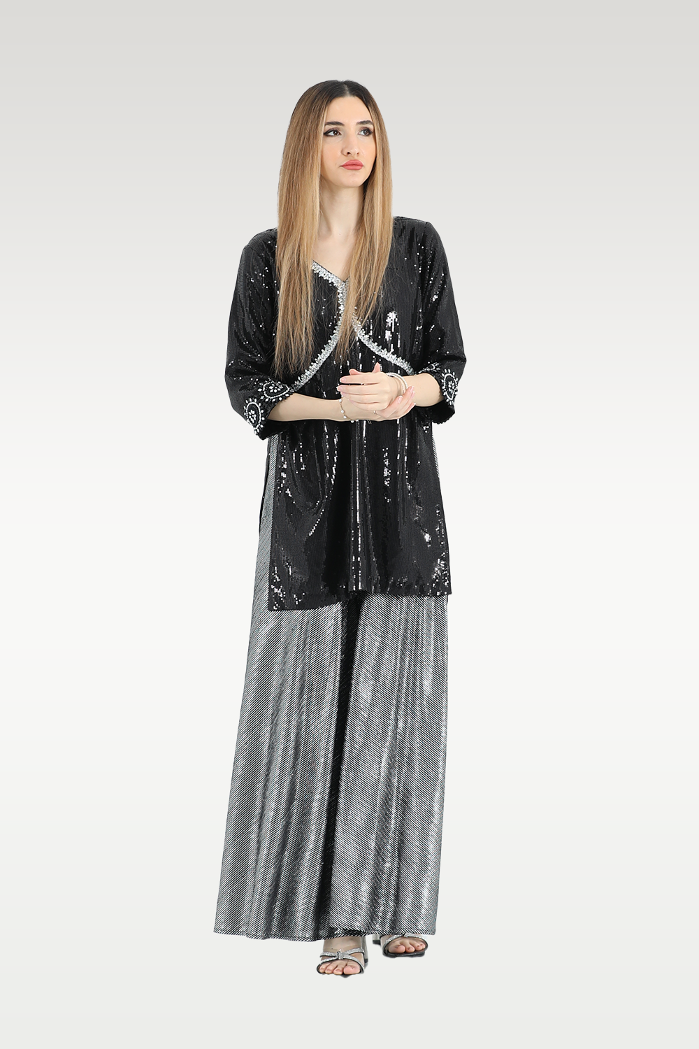 Alish Black Glittery Top with Grey Pant