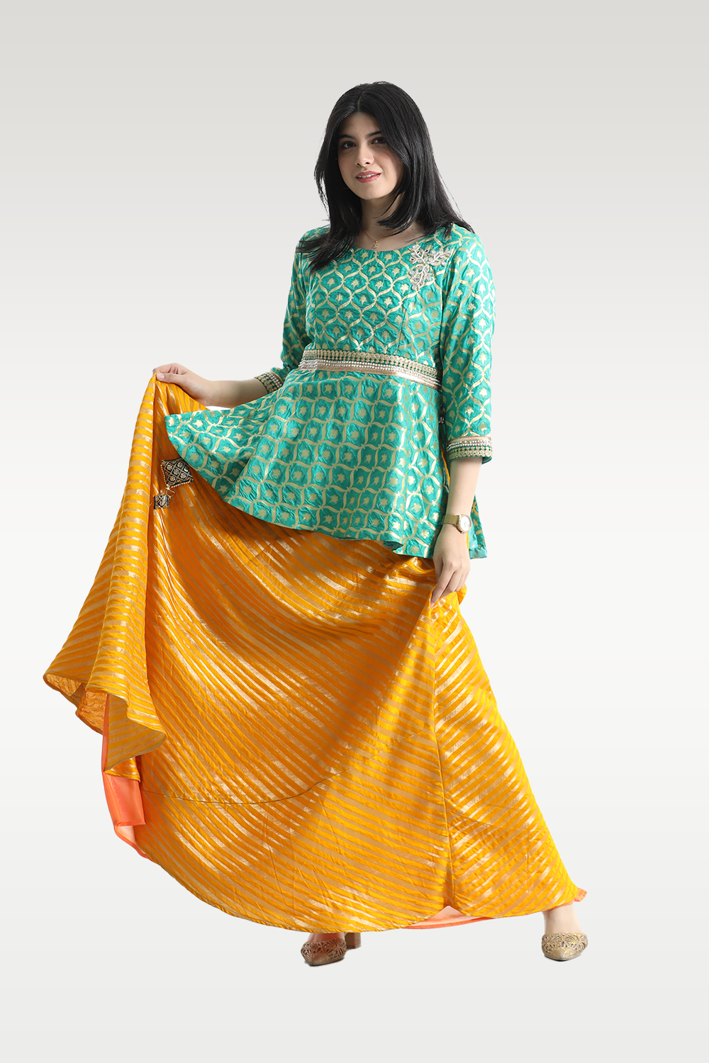 Alish Green Lehenga and Yellow Choli
