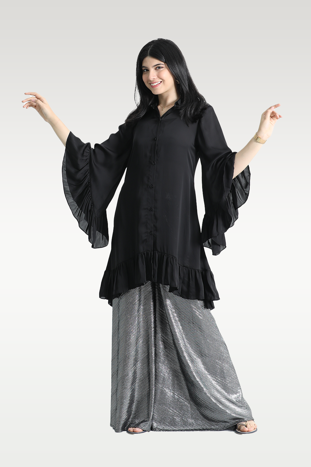 Alish Black Kurti with Designer Sleeve and Grey Lehnga