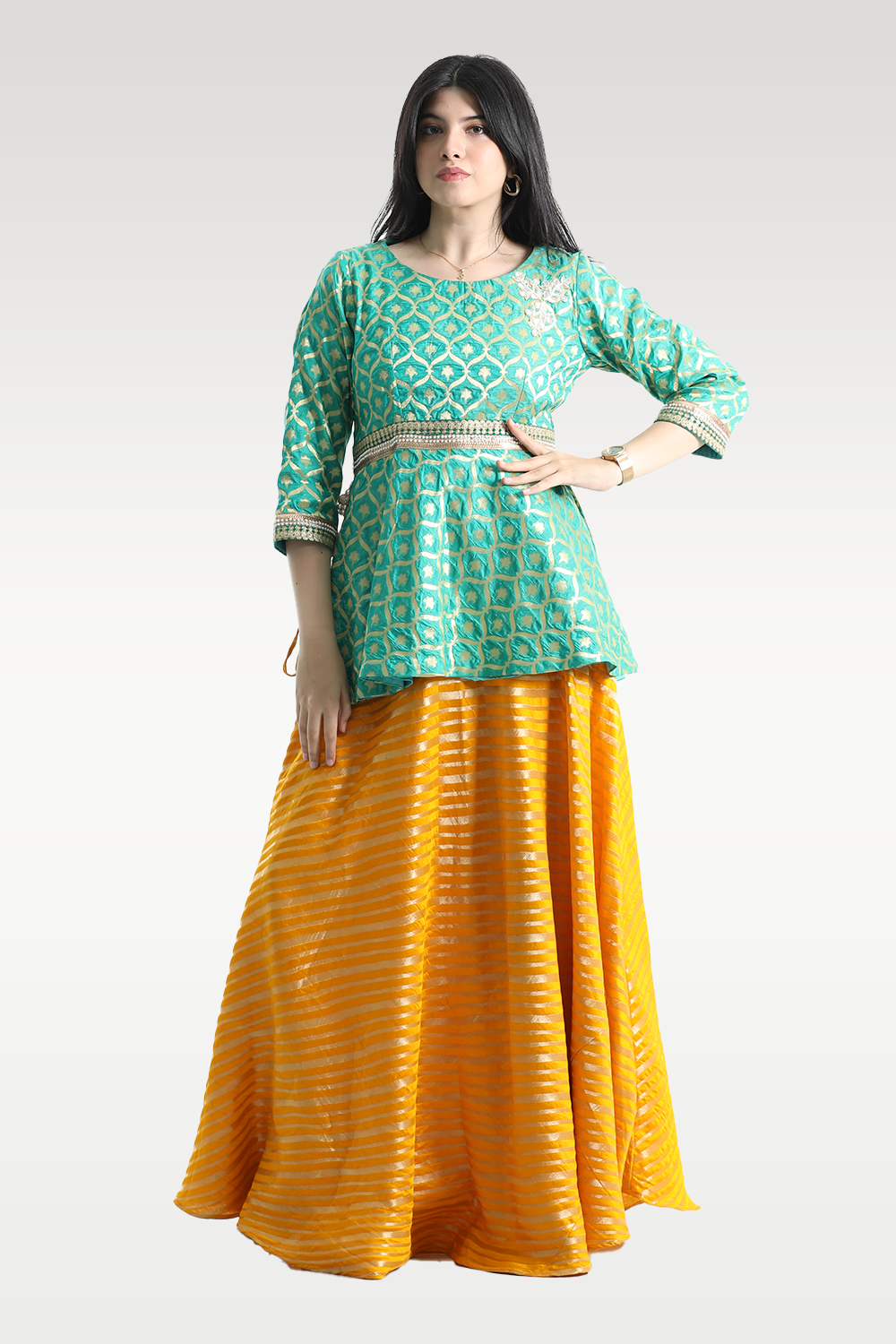 Alish Green Lehenga and Yellow Choli
