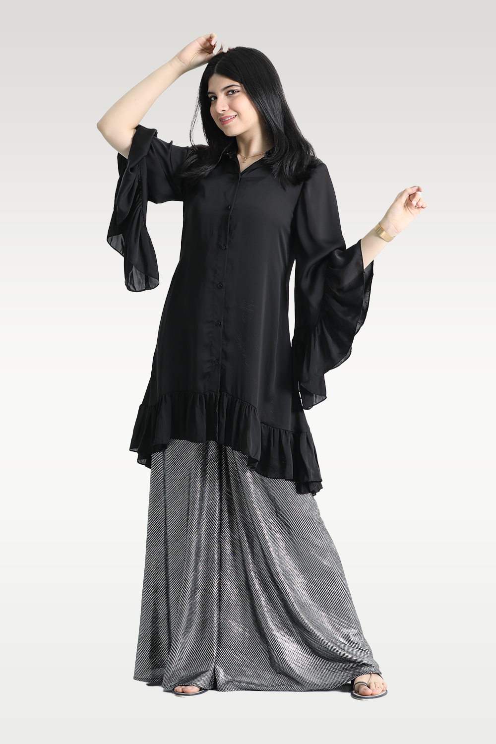 Alish Black Kurti with Designer Sleeve and Grey Lehnga