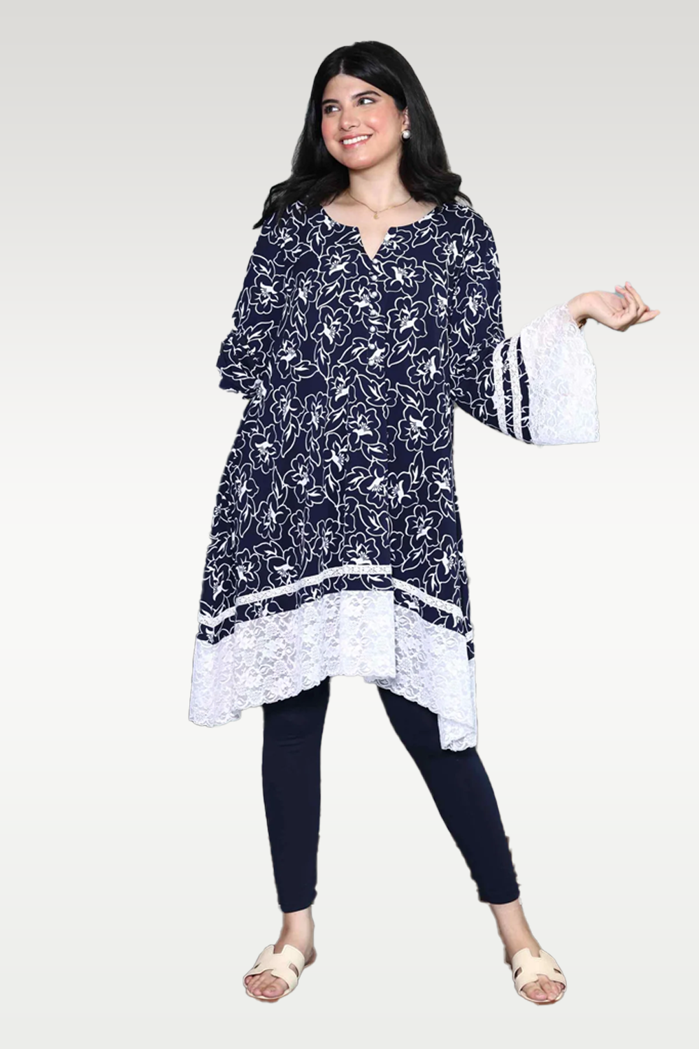 Alish Blue Printed Kurti with Lace Borders RMBW1