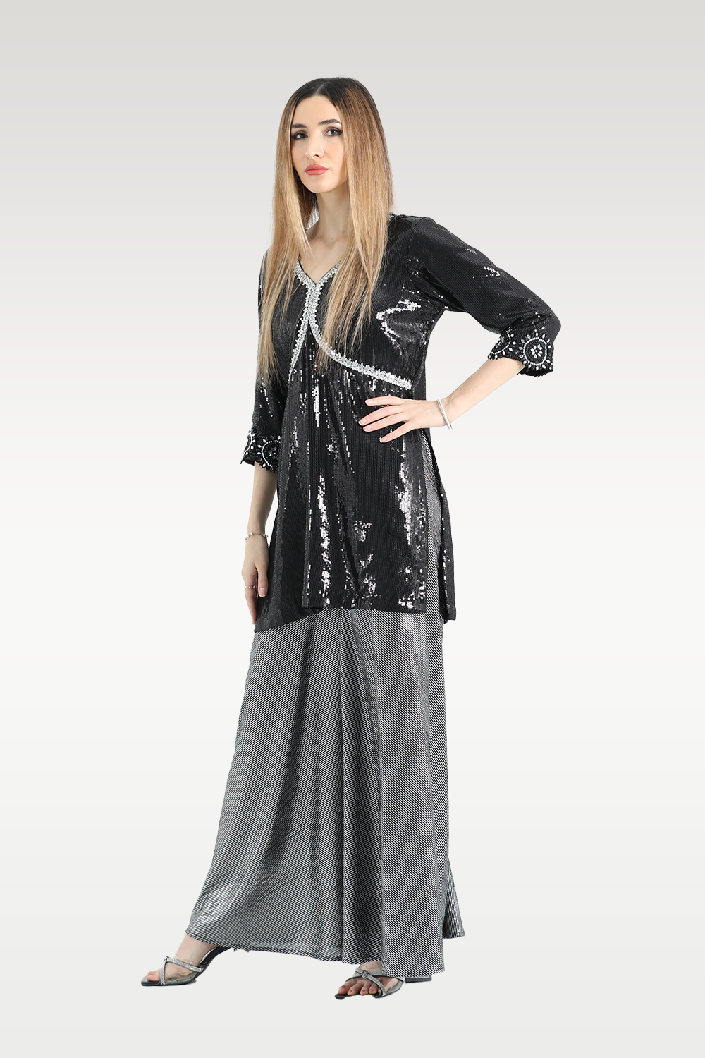 Alish Black Glittery Top with Grey Pant