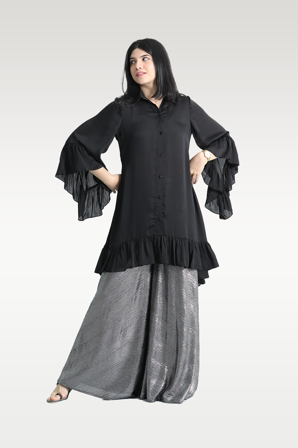 Alish Black Kurti with Designer Sleeve and Grey Lehnga