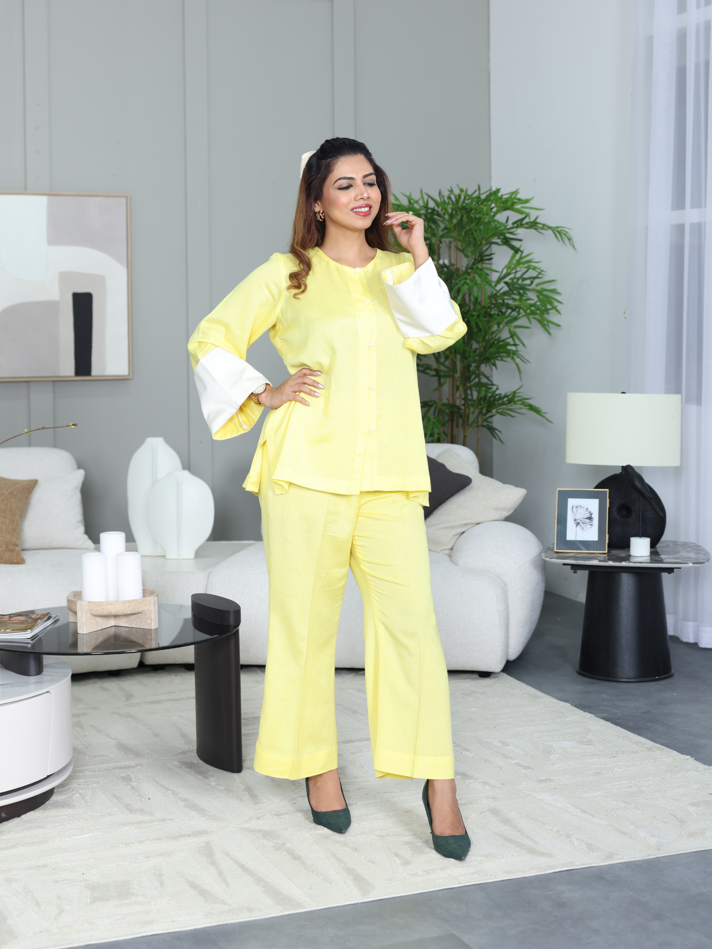 Linen Lemon Yellow Cord Set with Cream Silk Cuffs