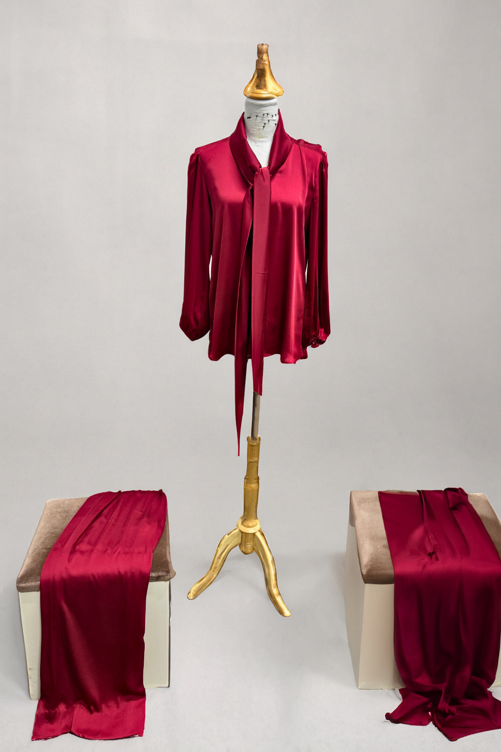 Silken Elegance: Ruby Tie-Neck Blouse