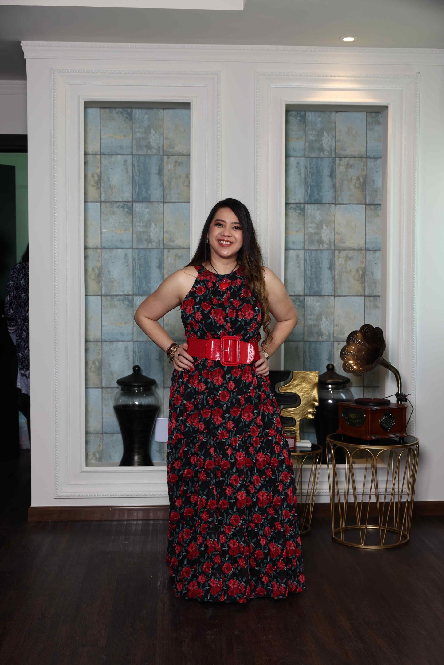Printed Red Rose flowy Chiffon Gown RMHZ