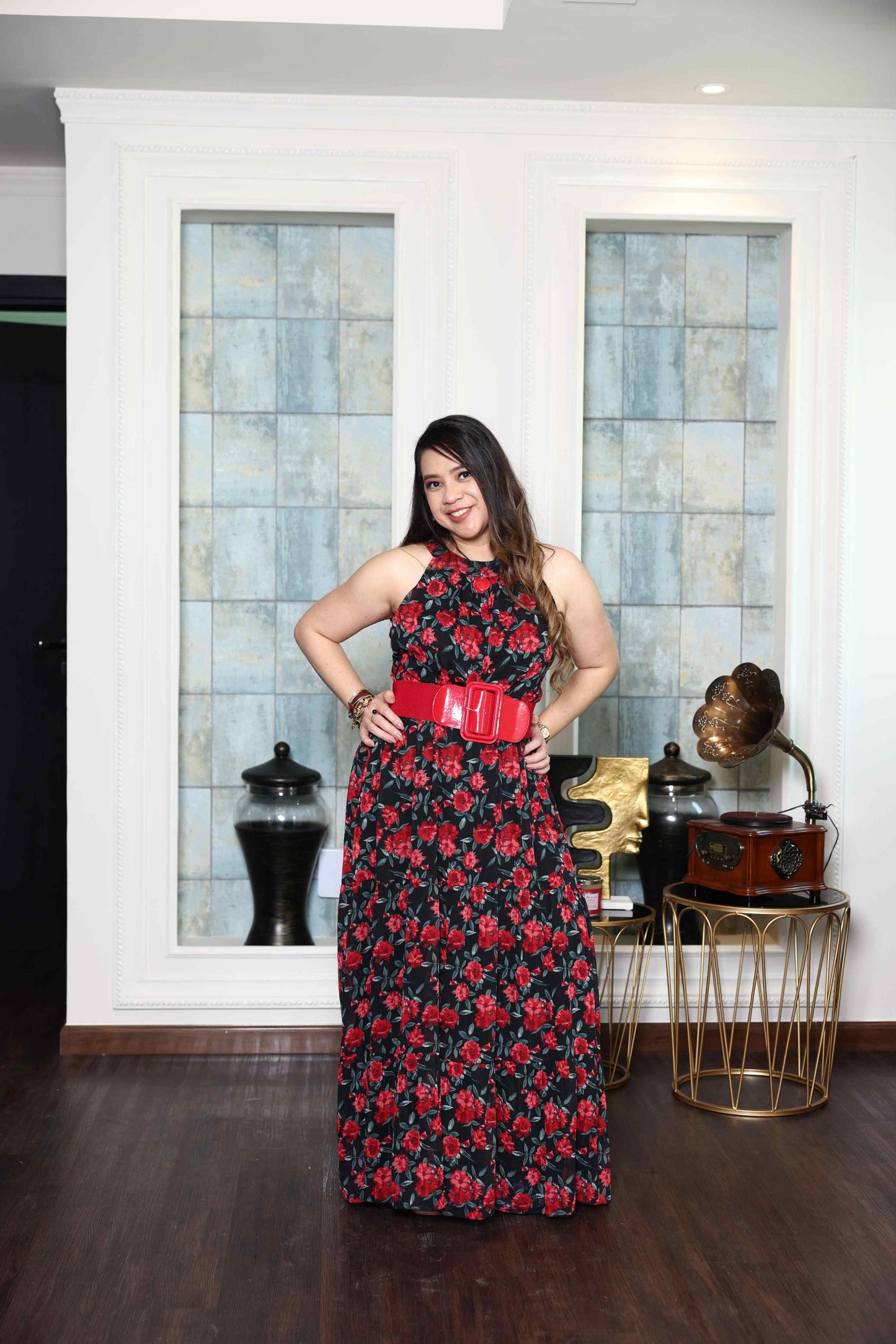 Printed Red Rose flowy Chiffon Gown RMHZ