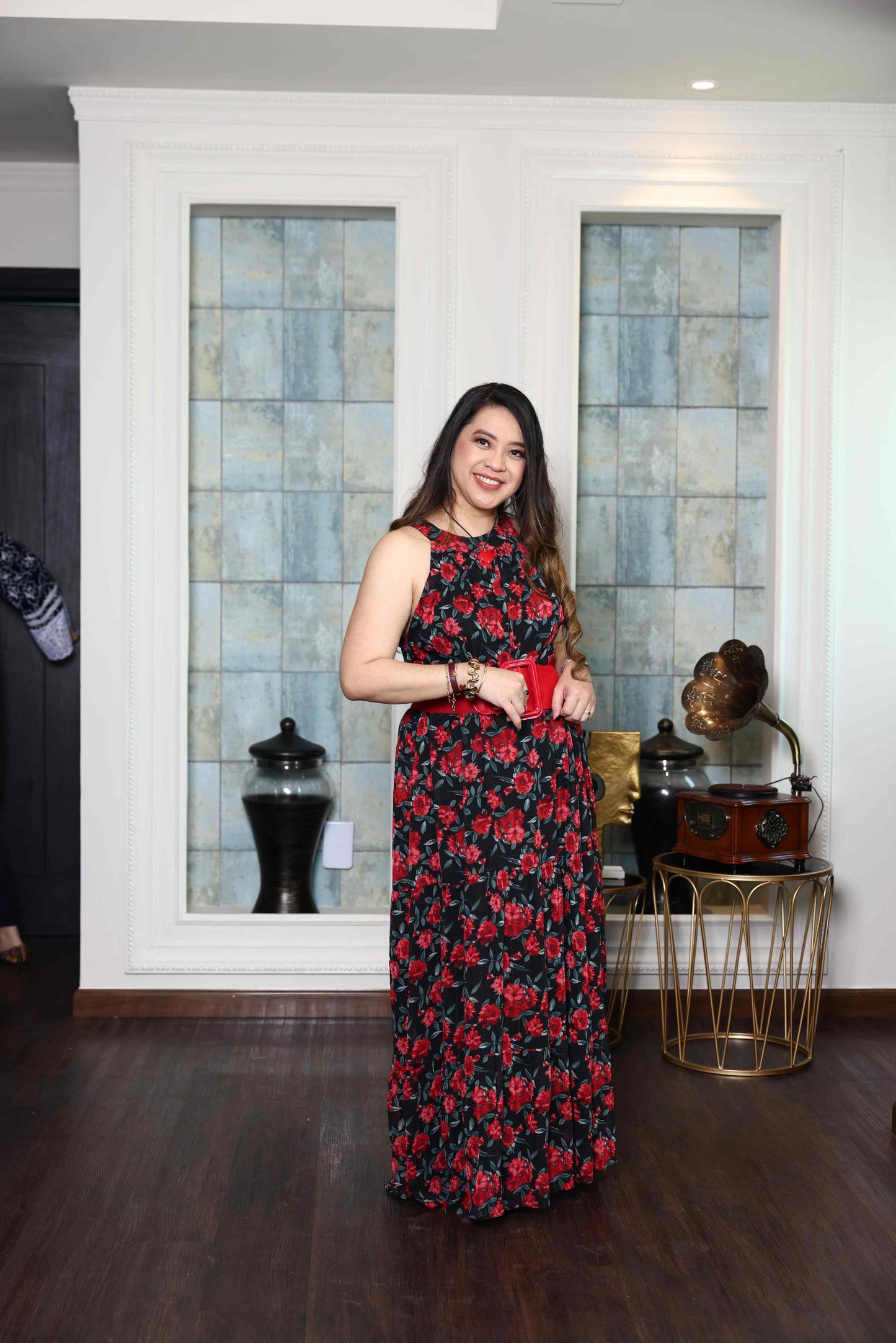 Printed Red Rose flowy Chiffon Gown RMHZ