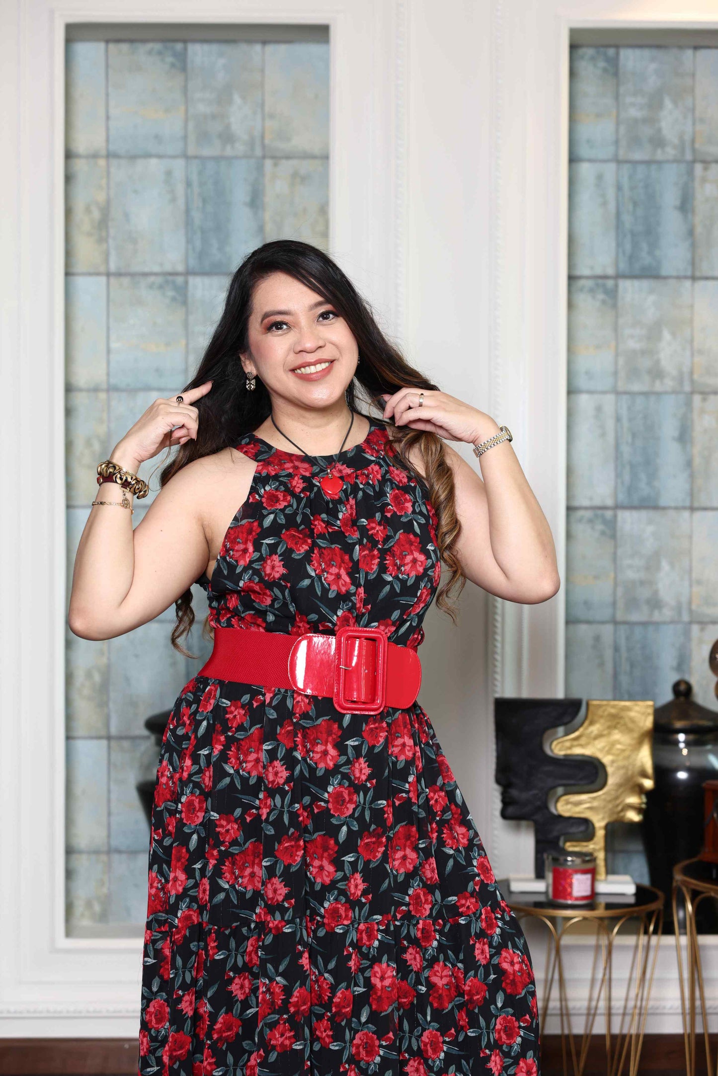 Printed Red Rose flowy Chiffon Gown RMHZ