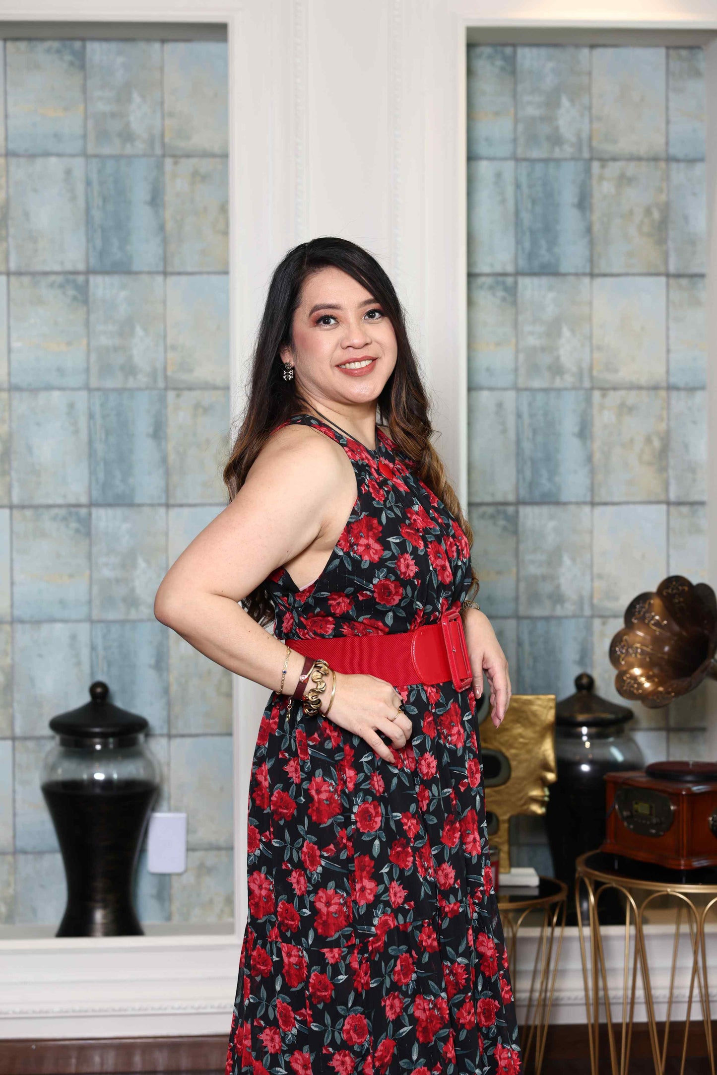 Printed Red Rose flowy Chiffon Gown RMHZ