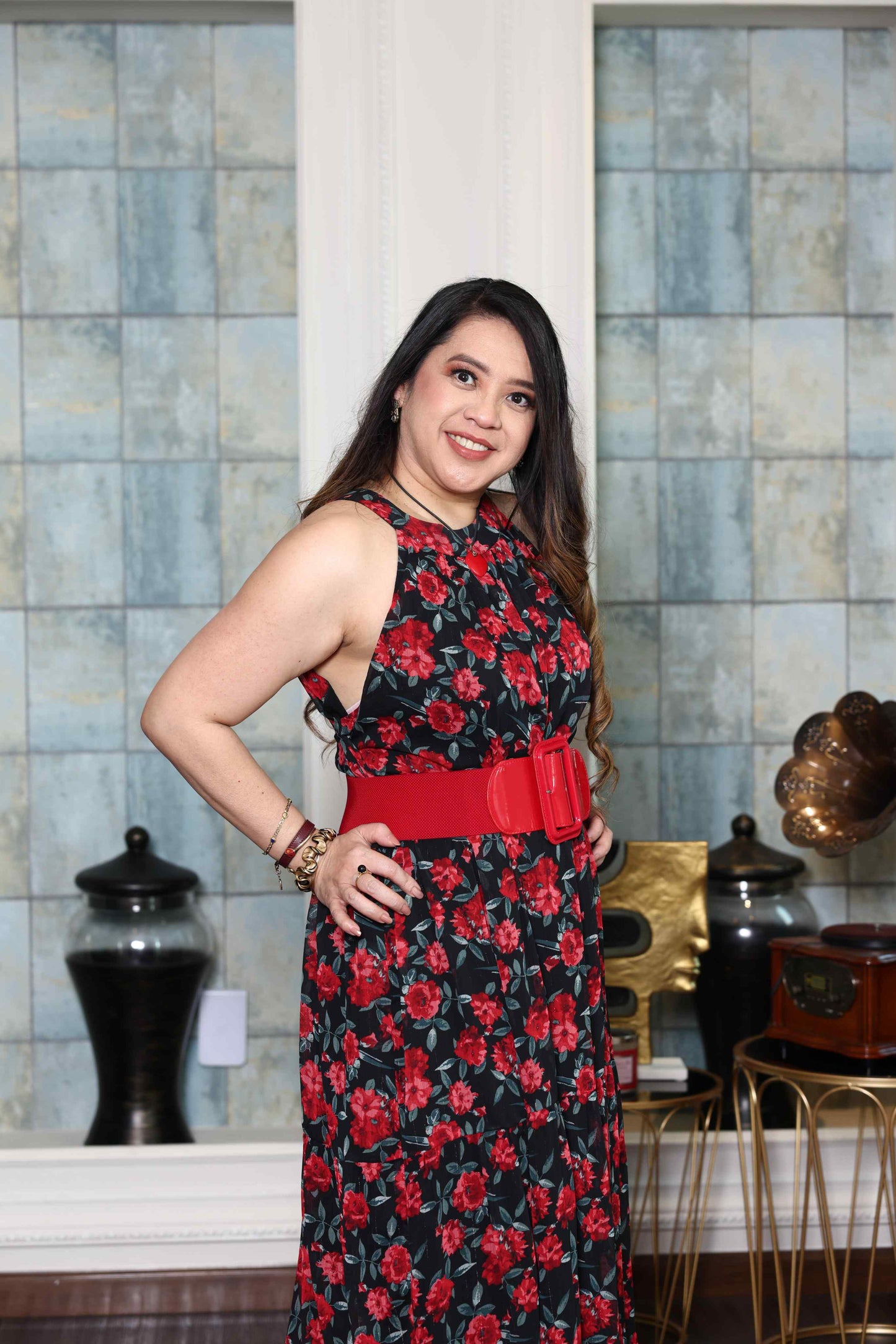 Printed Red Rose flowy Chiffon Gown RMHZ