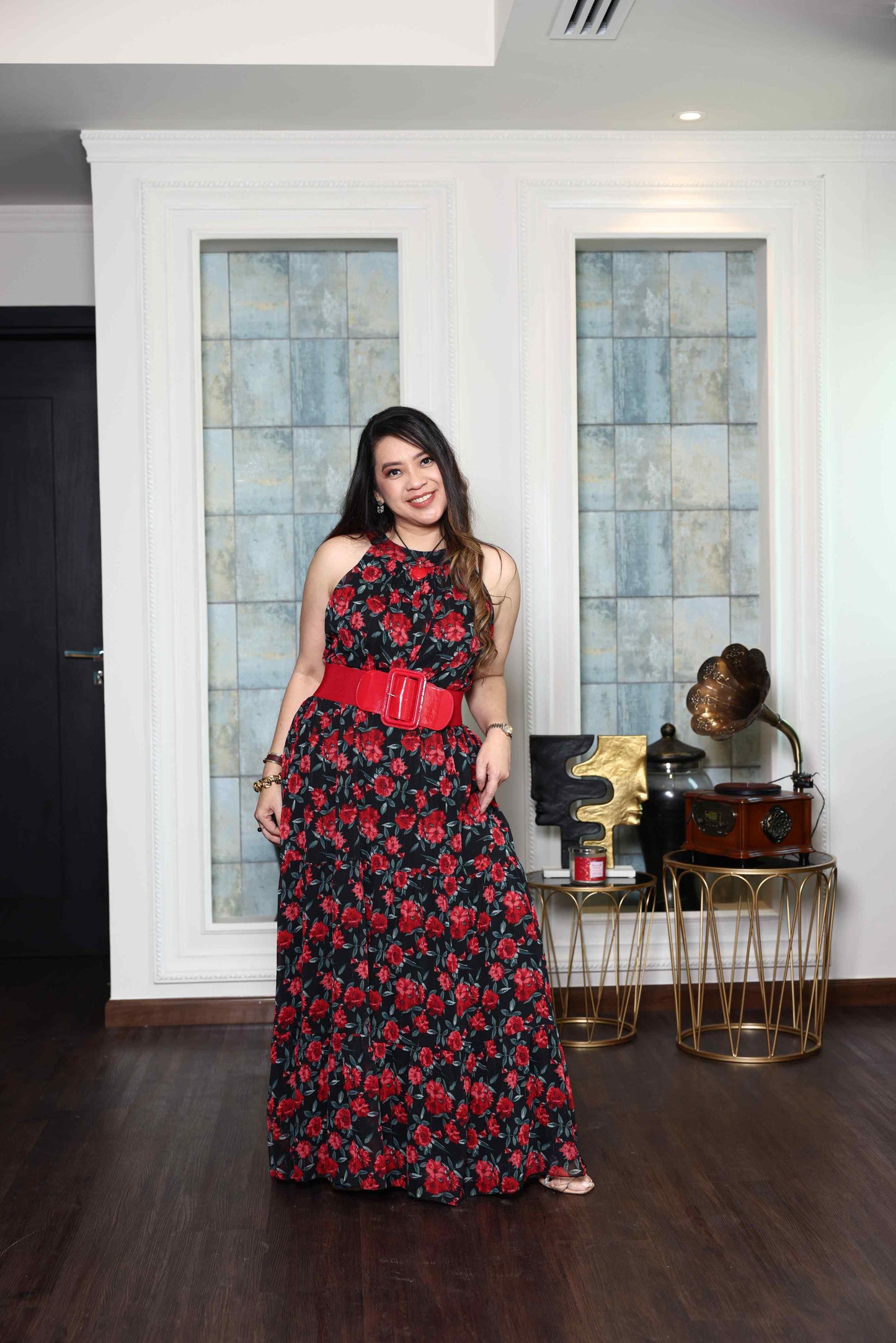 Printed Red Rose flowy Chiffon Gown RMHZ