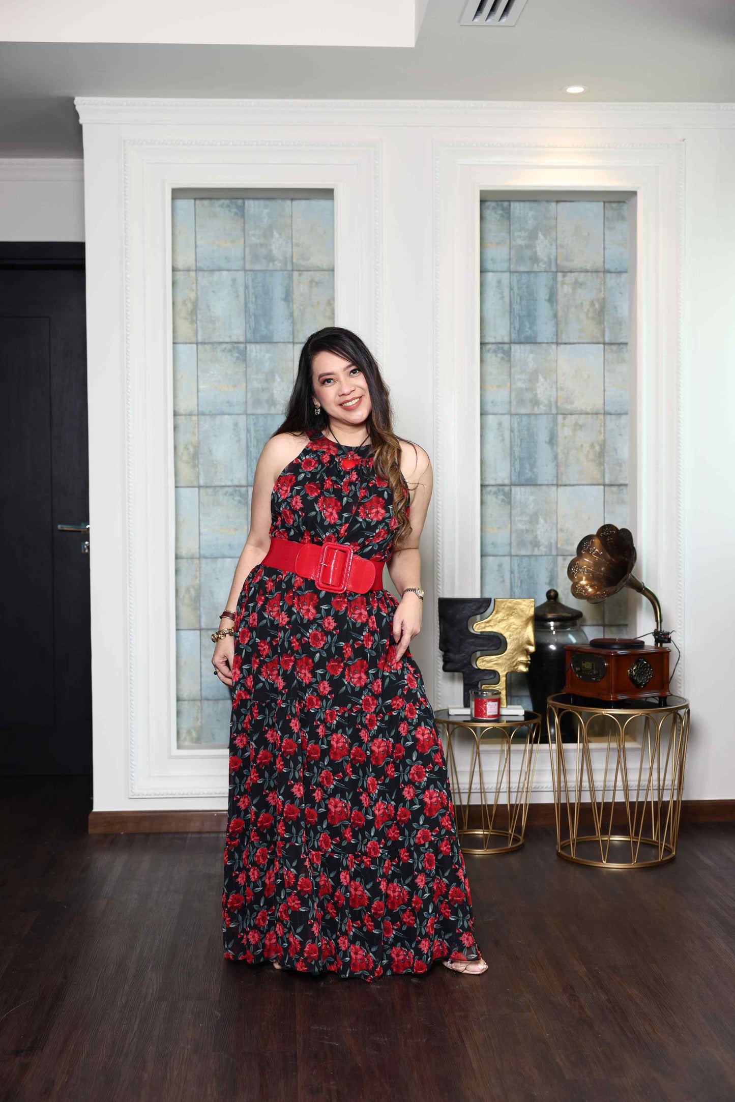 Printed Red Rose flowy Chiffon Gown RMHZ