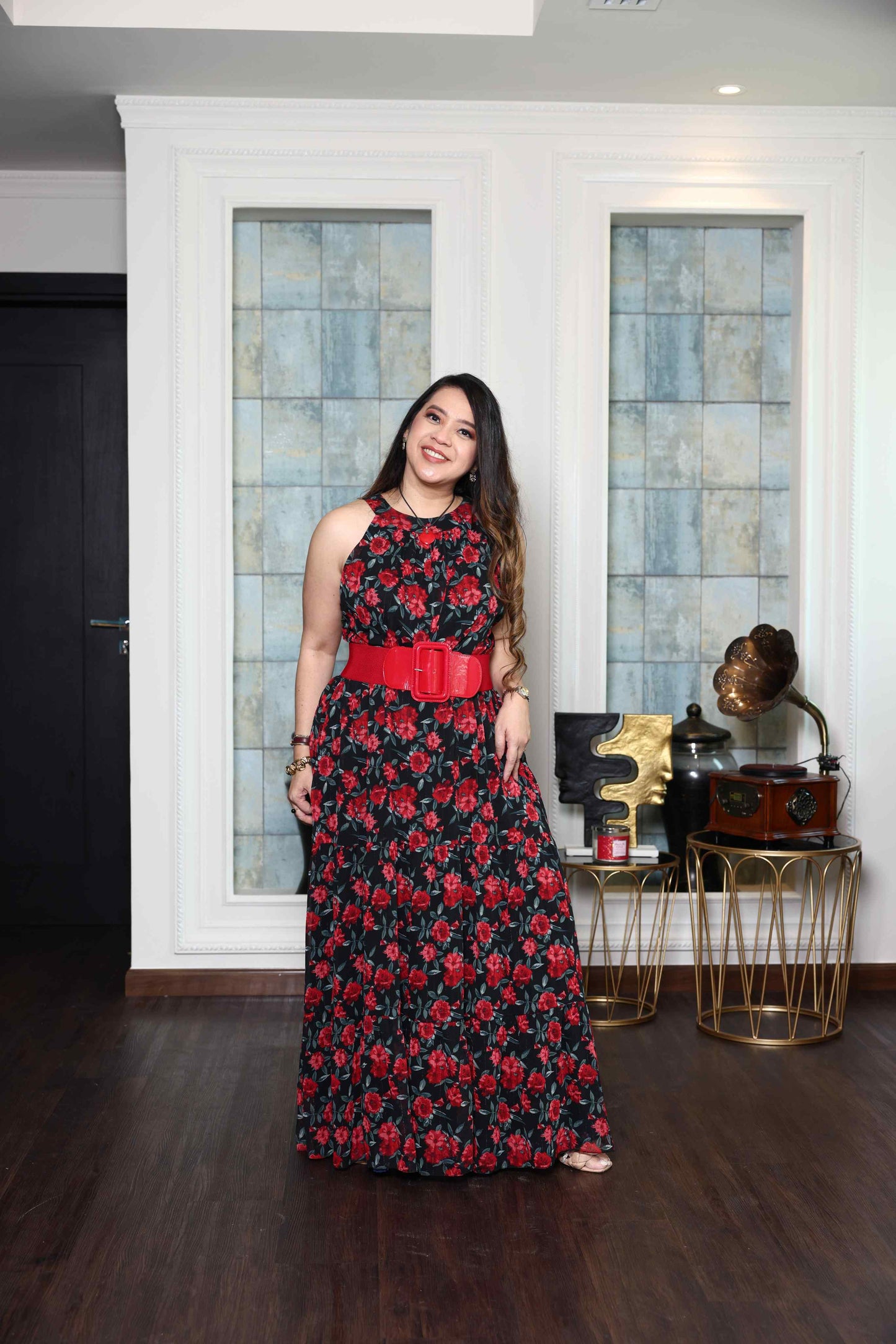 Printed Red Rose flowy Chiffon Gown RMHZ