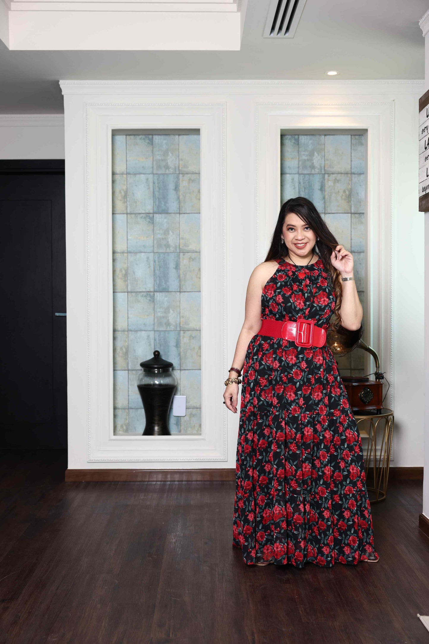 Printed Red Rose flowy Chiffon Gown RMHZ