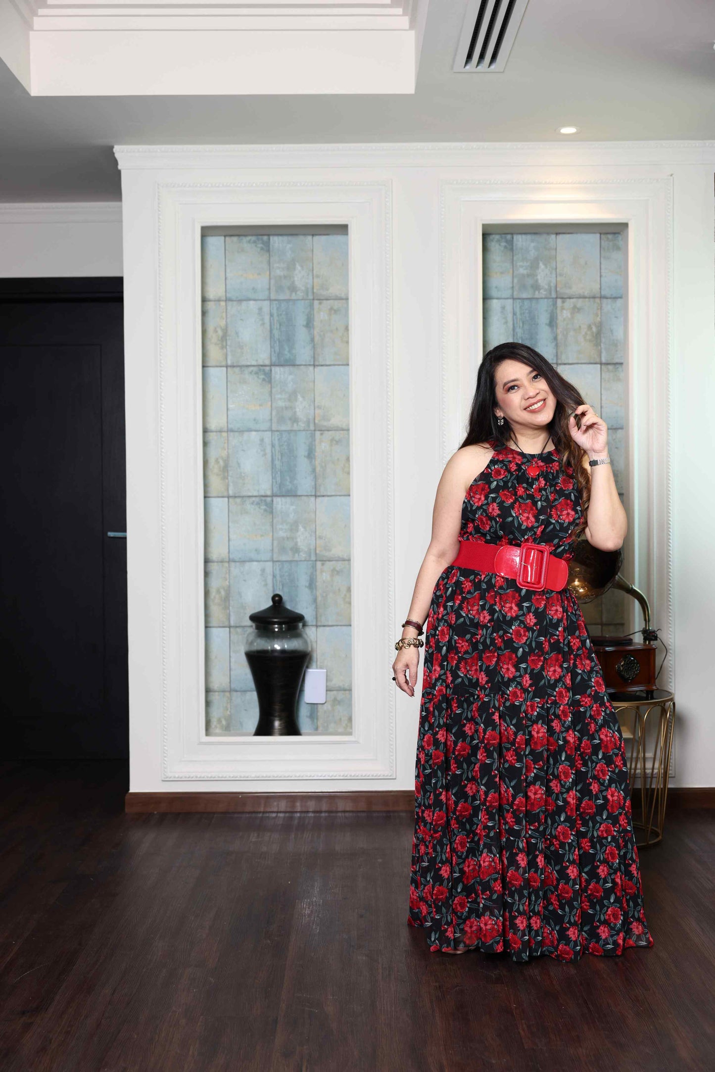 Printed Red Rose flowy Chiffon Gown RMHZ