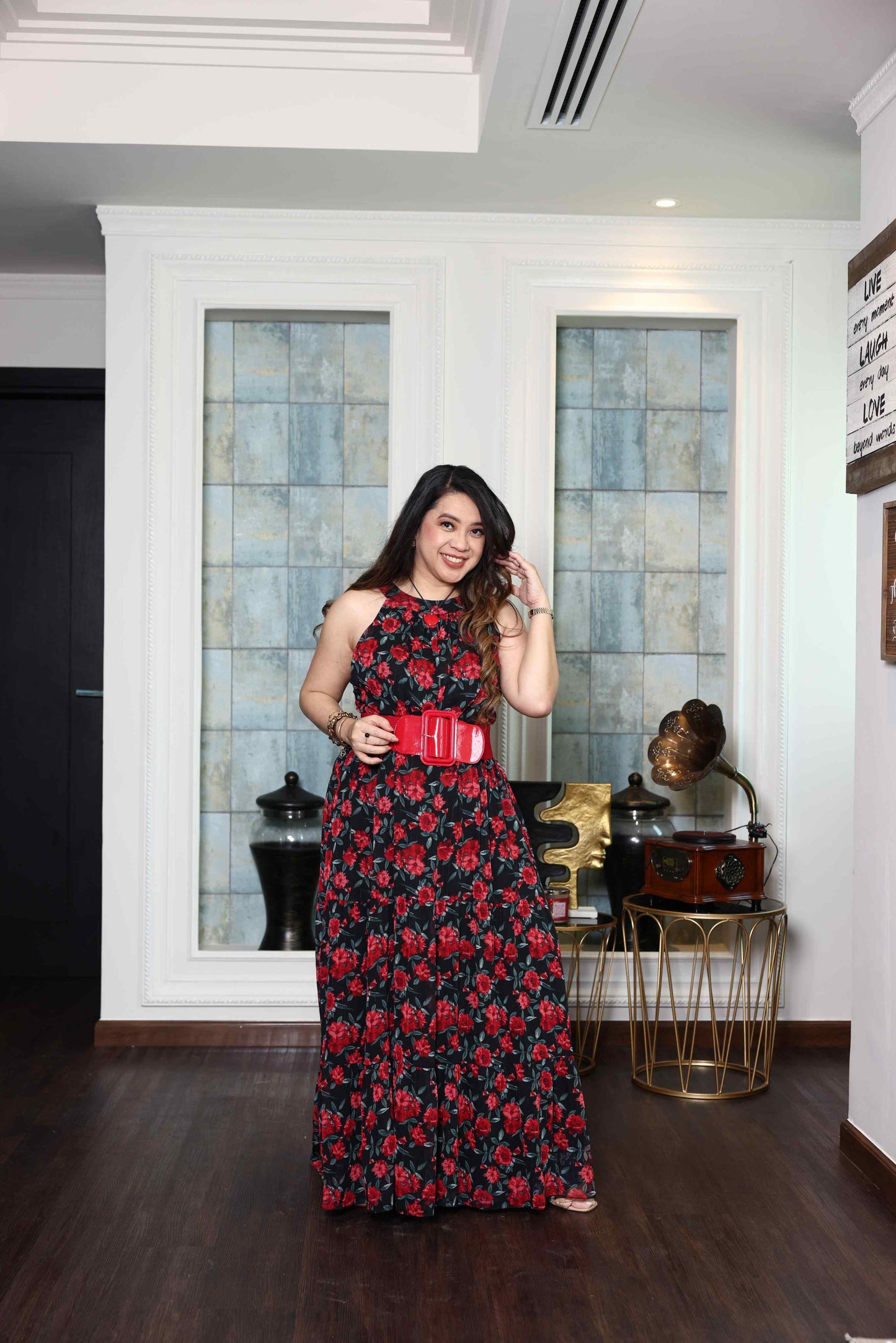Printed Red Rose flowy Chiffon Gown RMHZ