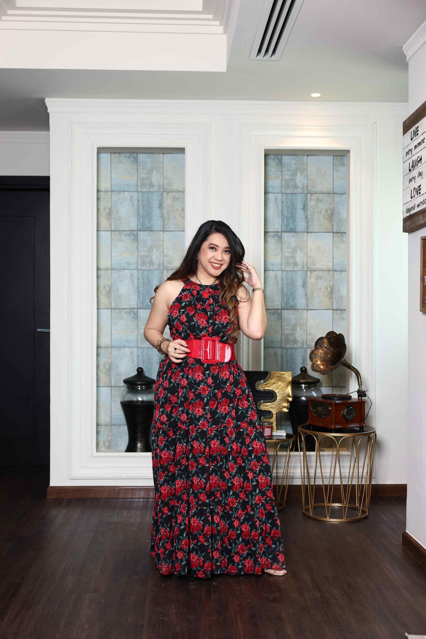 Printed Red Rose flowy Chiffon Gown RMHZ