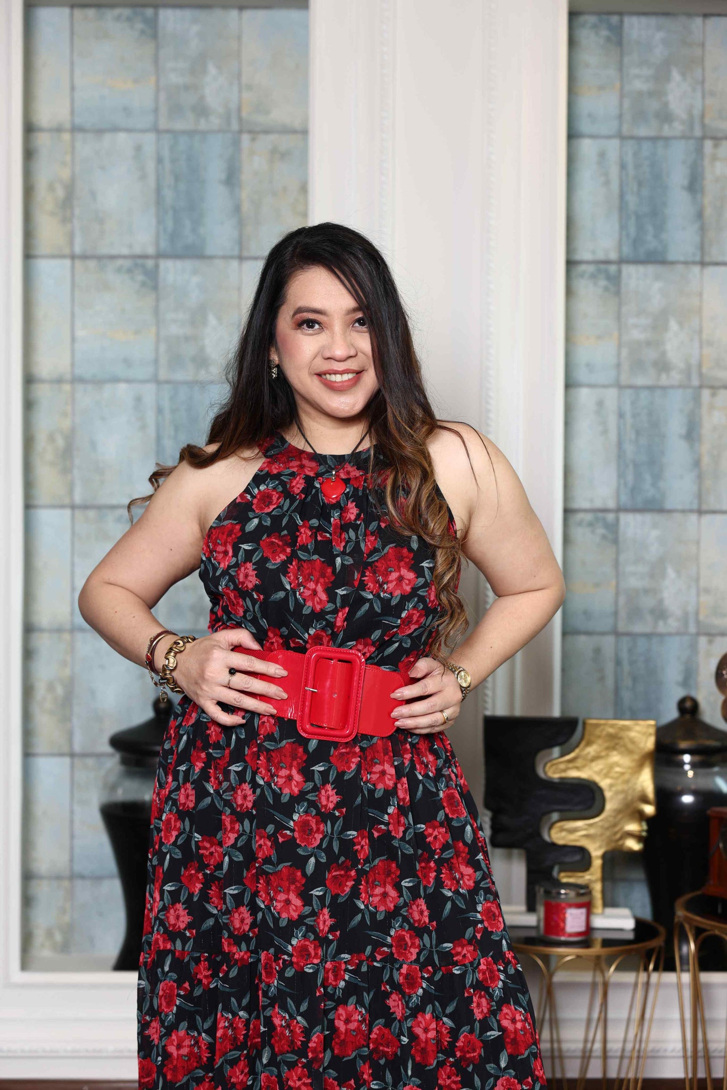 Printed Red Rose flowy Chiffon Gown RMHZ