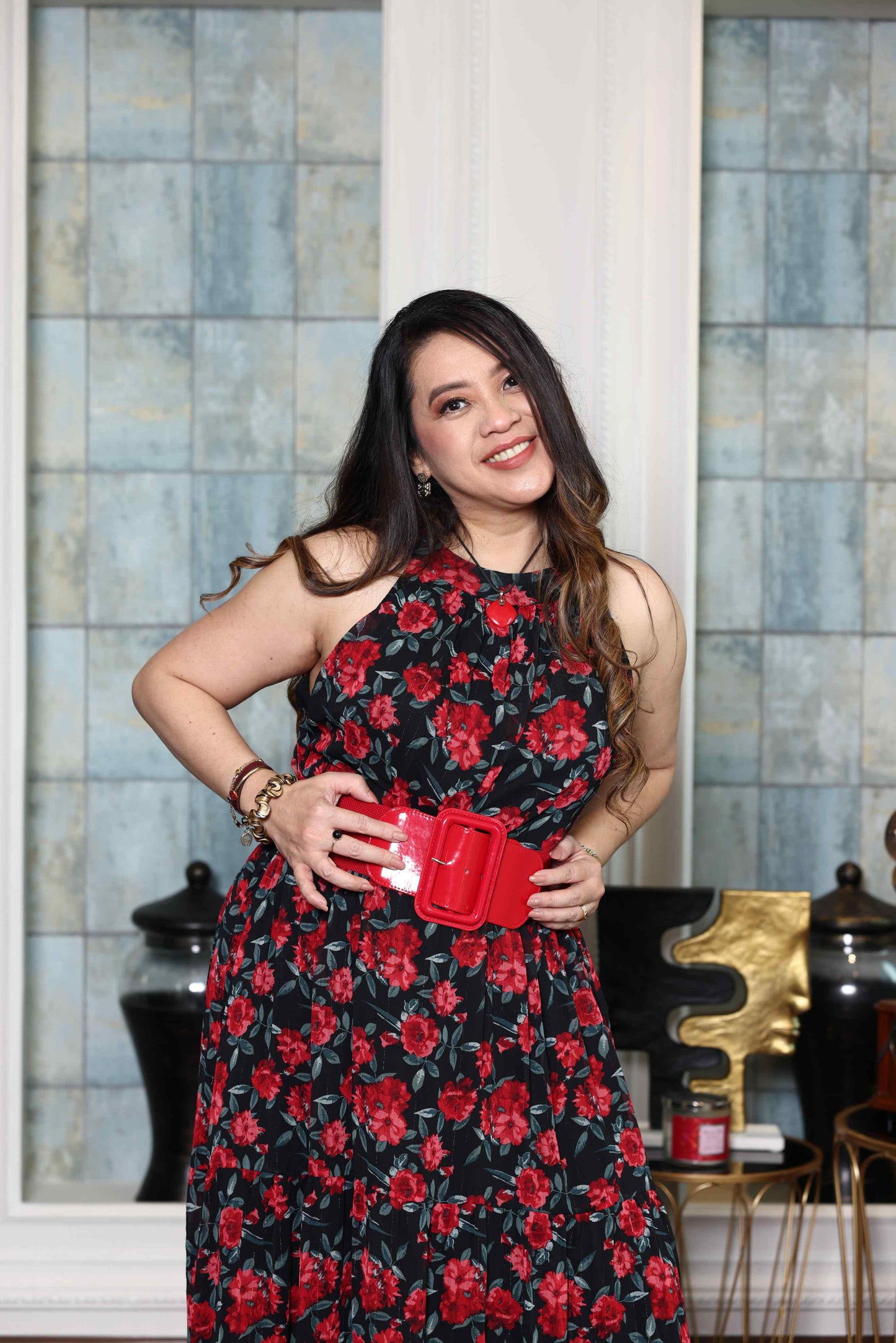 Printed Red Rose flowy Chiffon Gown RMHZ
