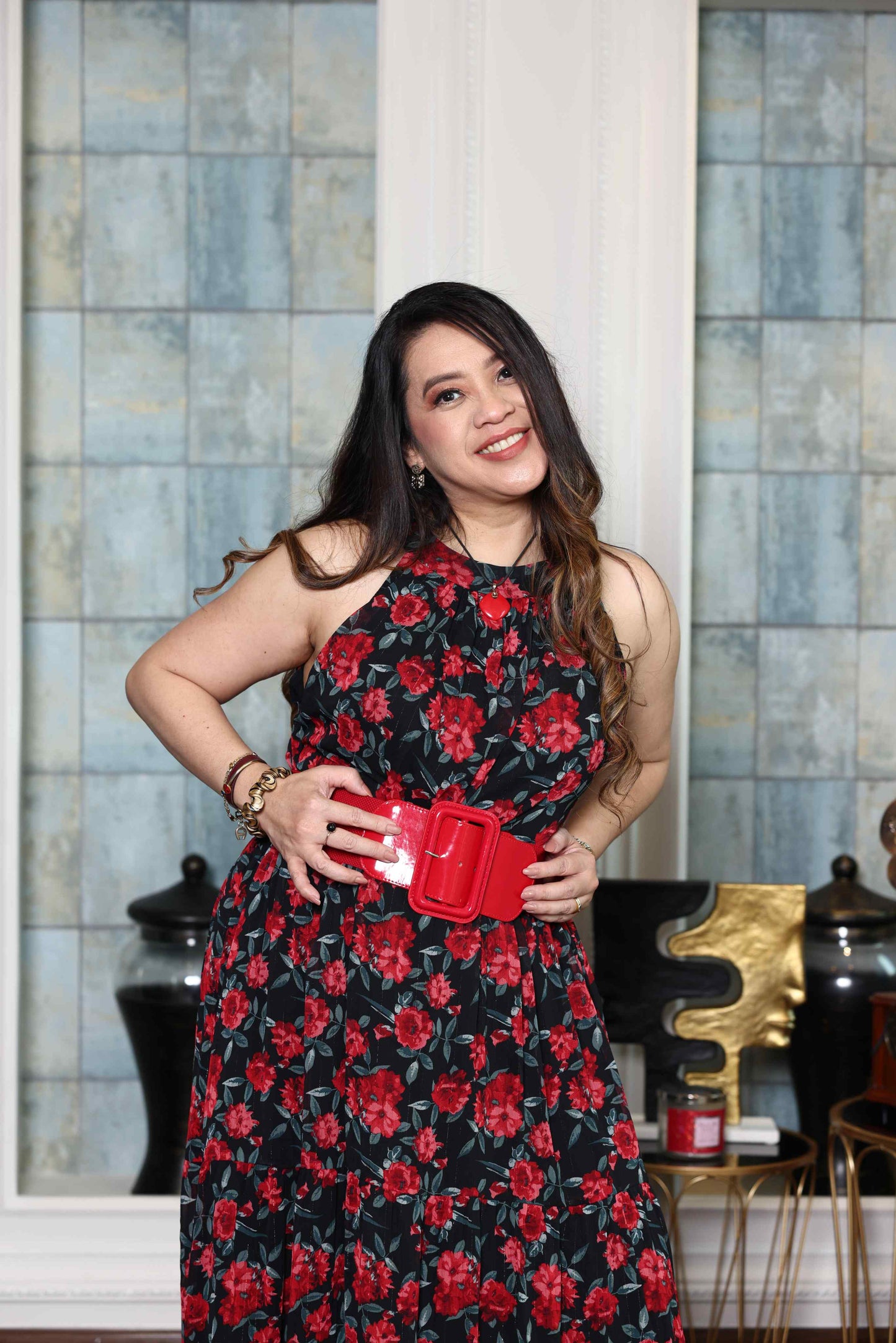 Printed Red Rose flowy Chiffon Gown RMHZ