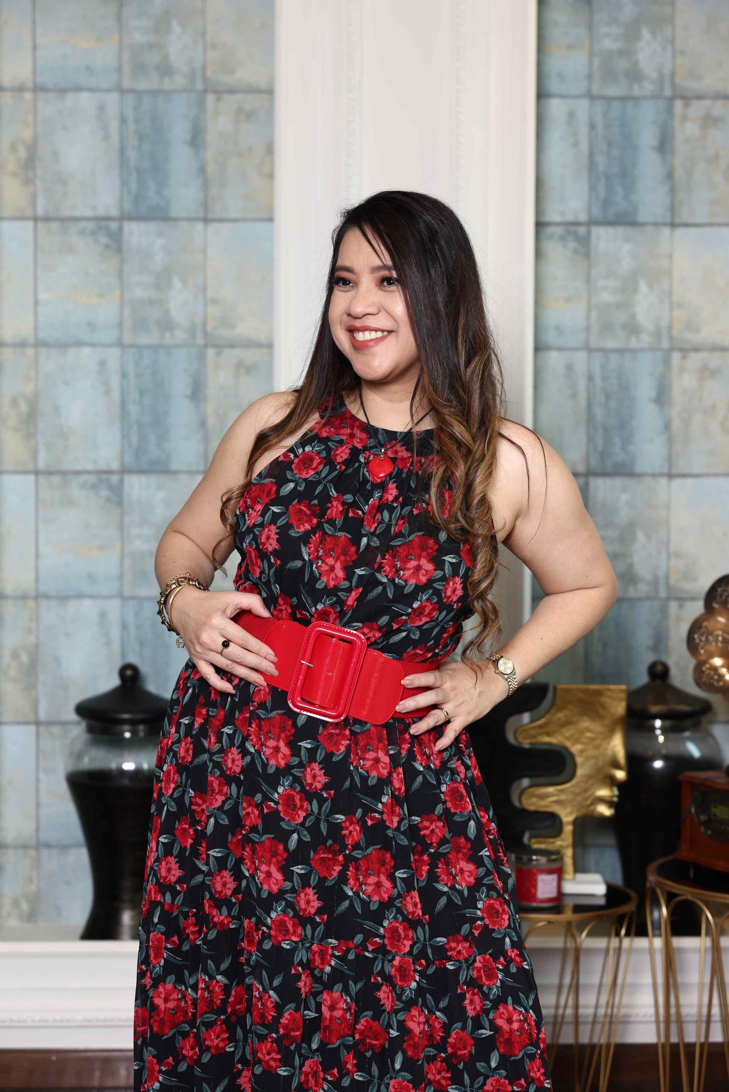 Printed Red Rose flowy Chiffon Gown RMHZ