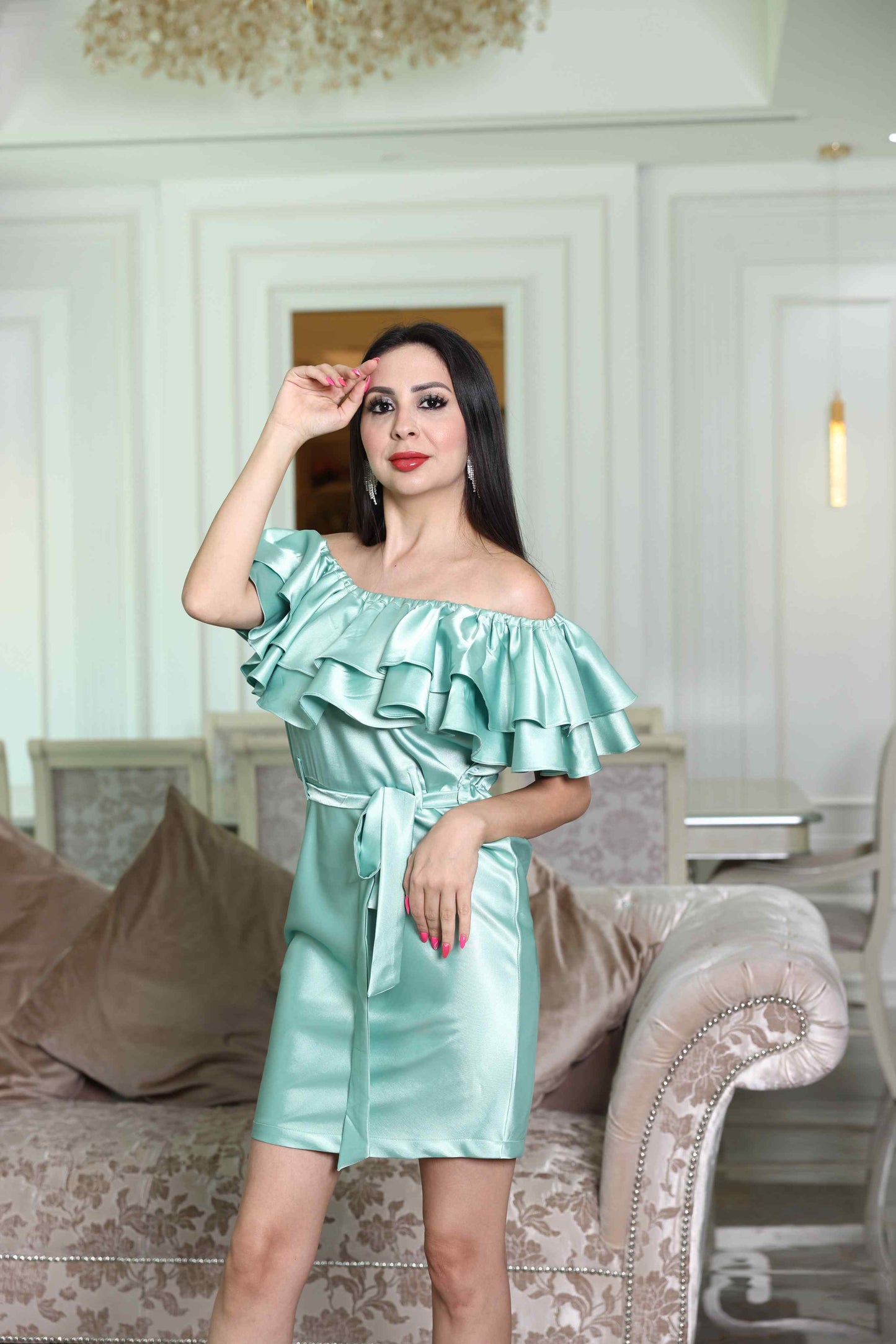 Alish Short Satin Dress Sea Green RMII