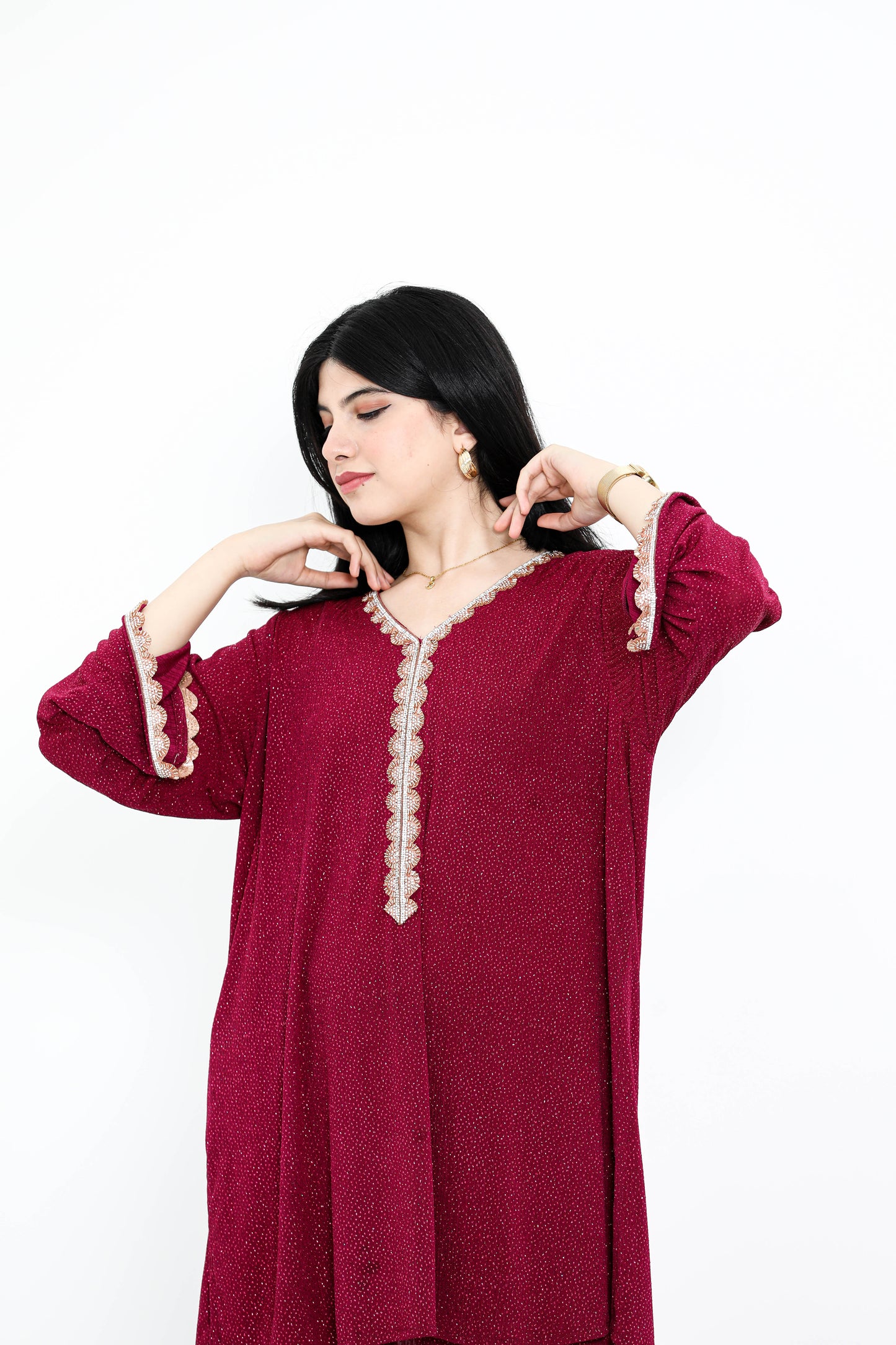 Alish Maroon Glittery Co Ord Set with Full Sleeve and Glittery Golden Borders