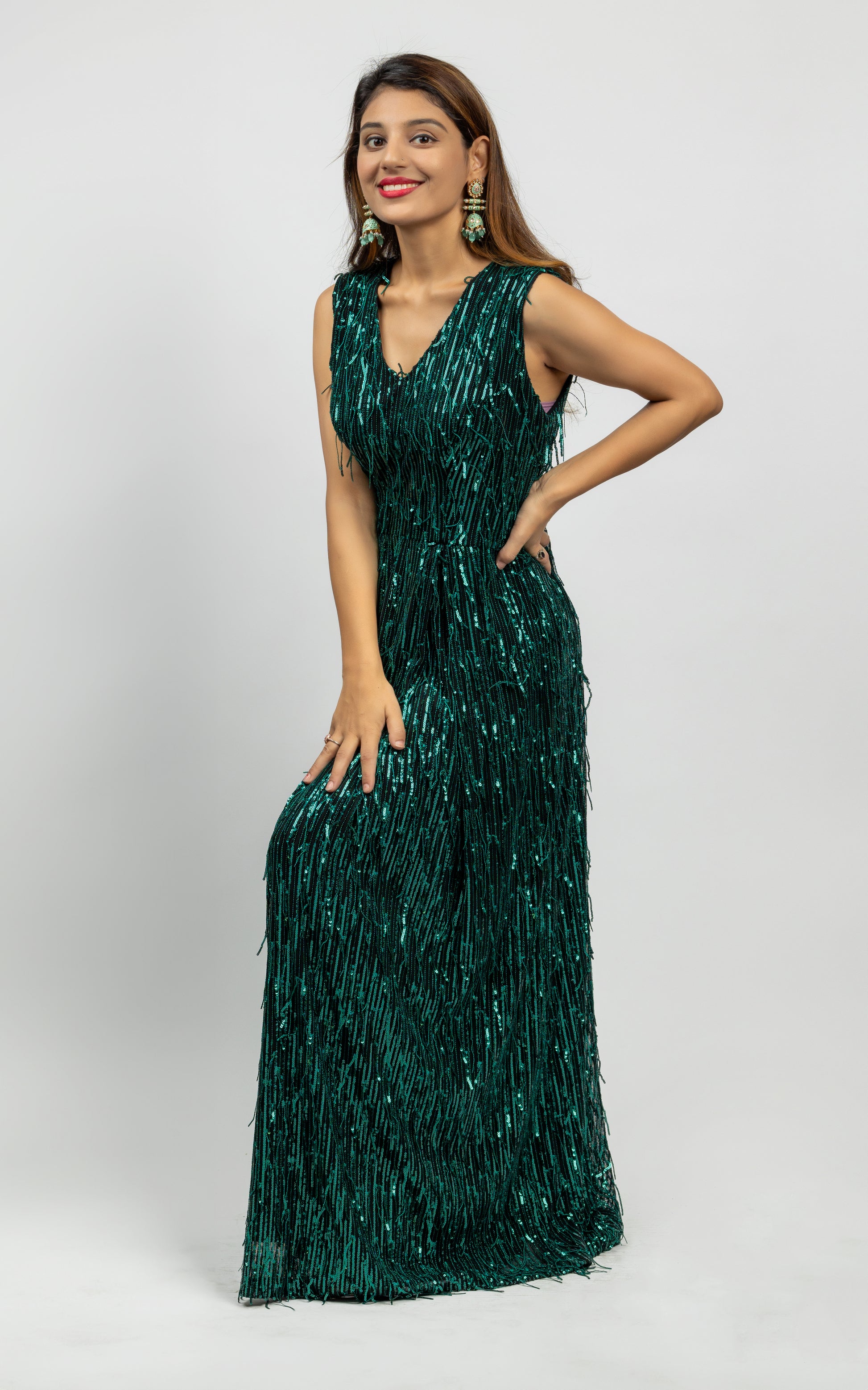 Alish Deep Green V Shaped Neck Sequin Gown DC2311 Alish Apparel Alish Deep Green V Shaped Neck Sequin Gown DC2311 Alish Apparel