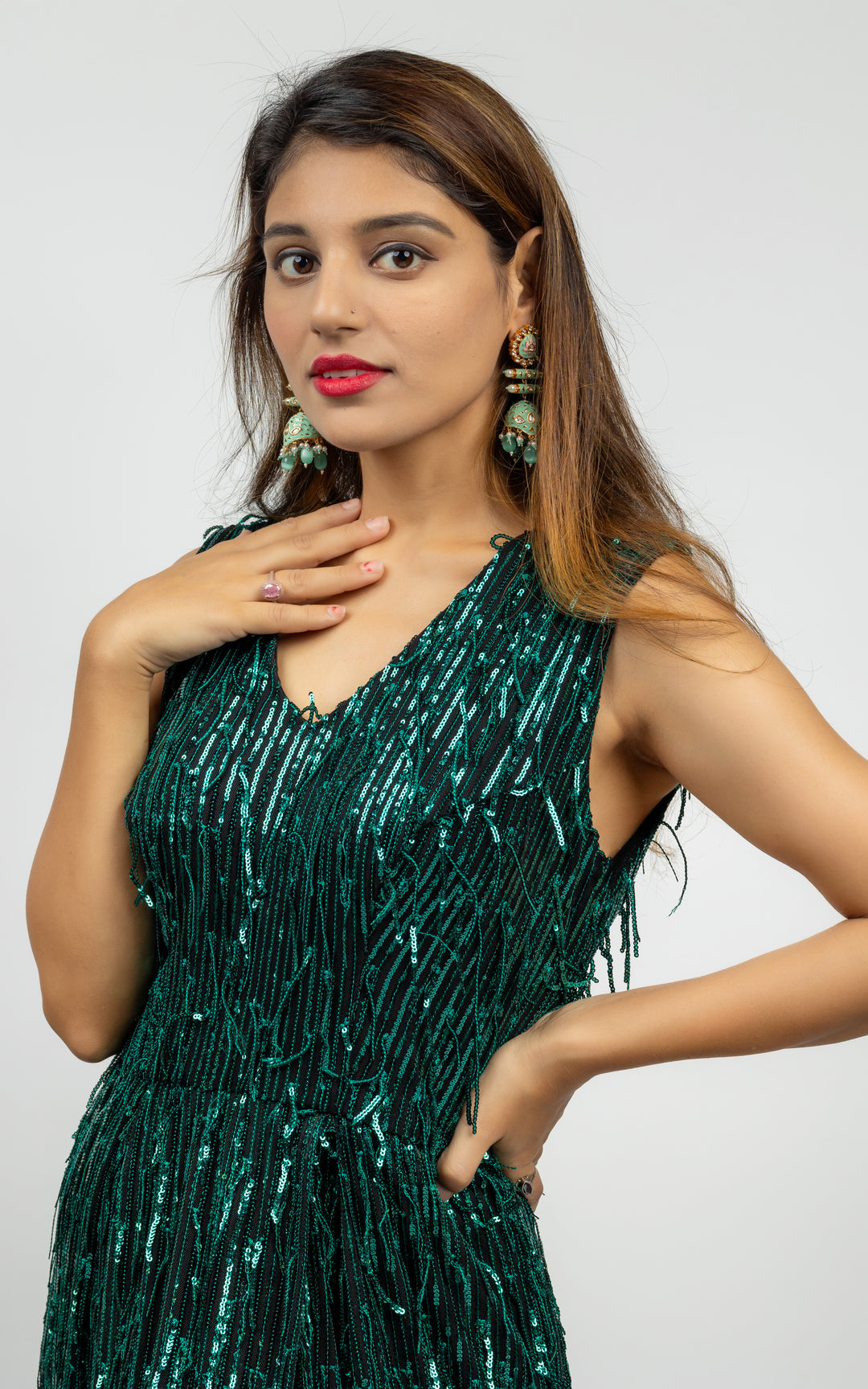 Alish Deep Green V Shaped Neck Sequin Gown DC2311
