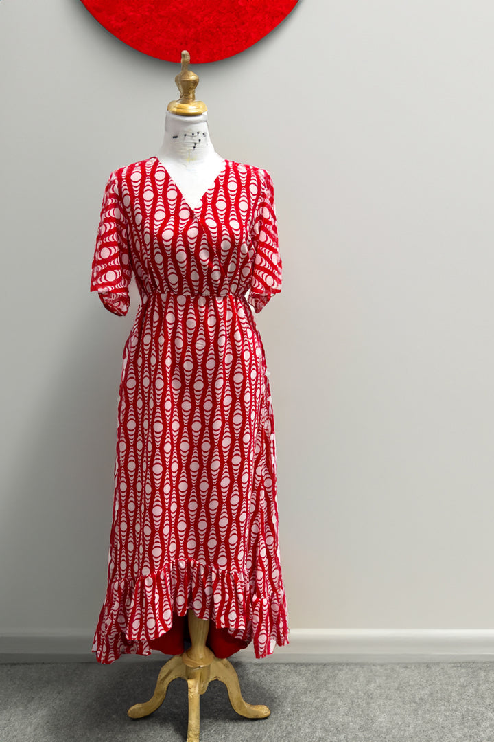 Bold in Boho: Red & White Patterned Midi Dress