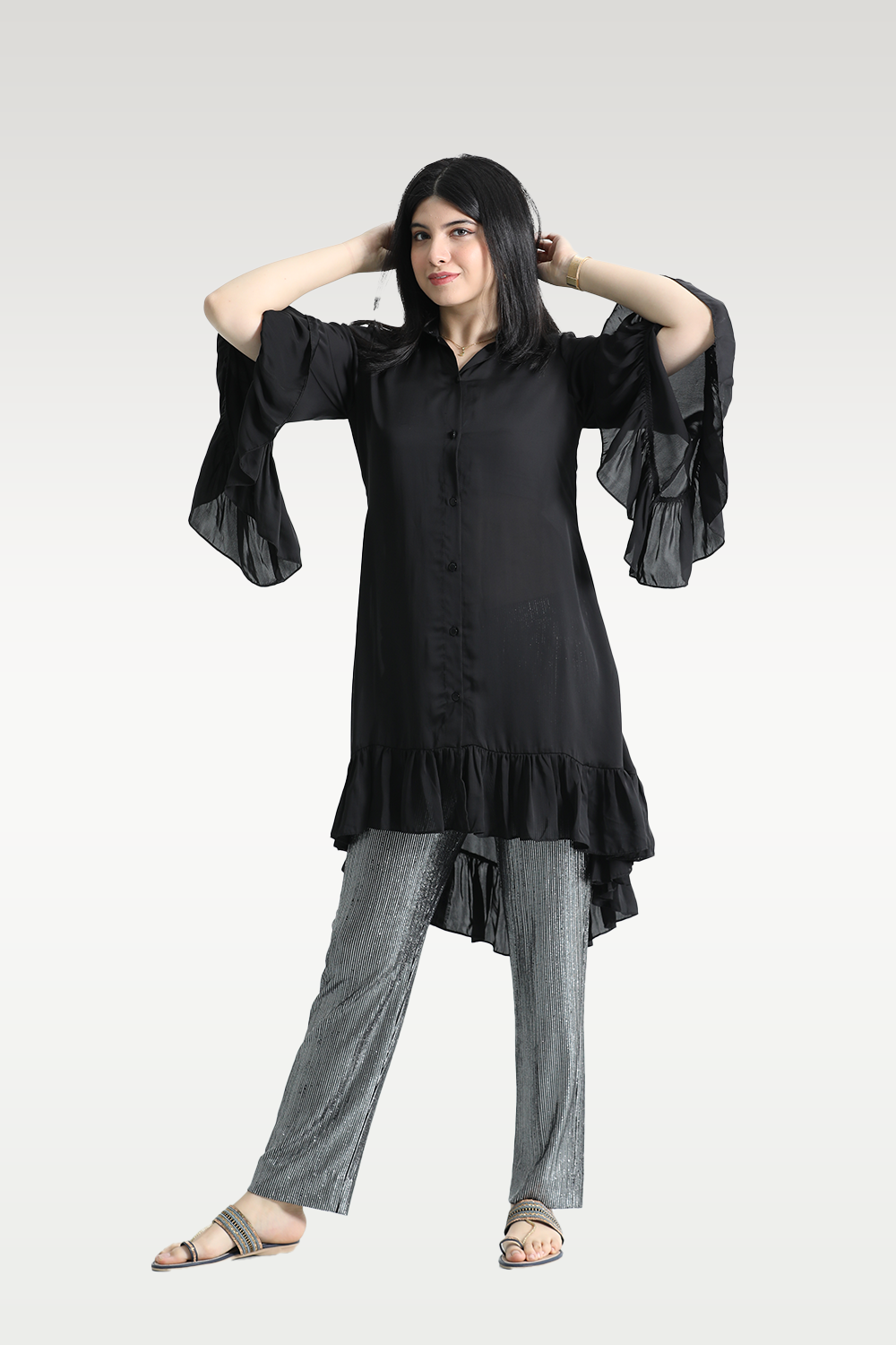 Alish Black Kurti with Designer Sleeve and Grey Pant