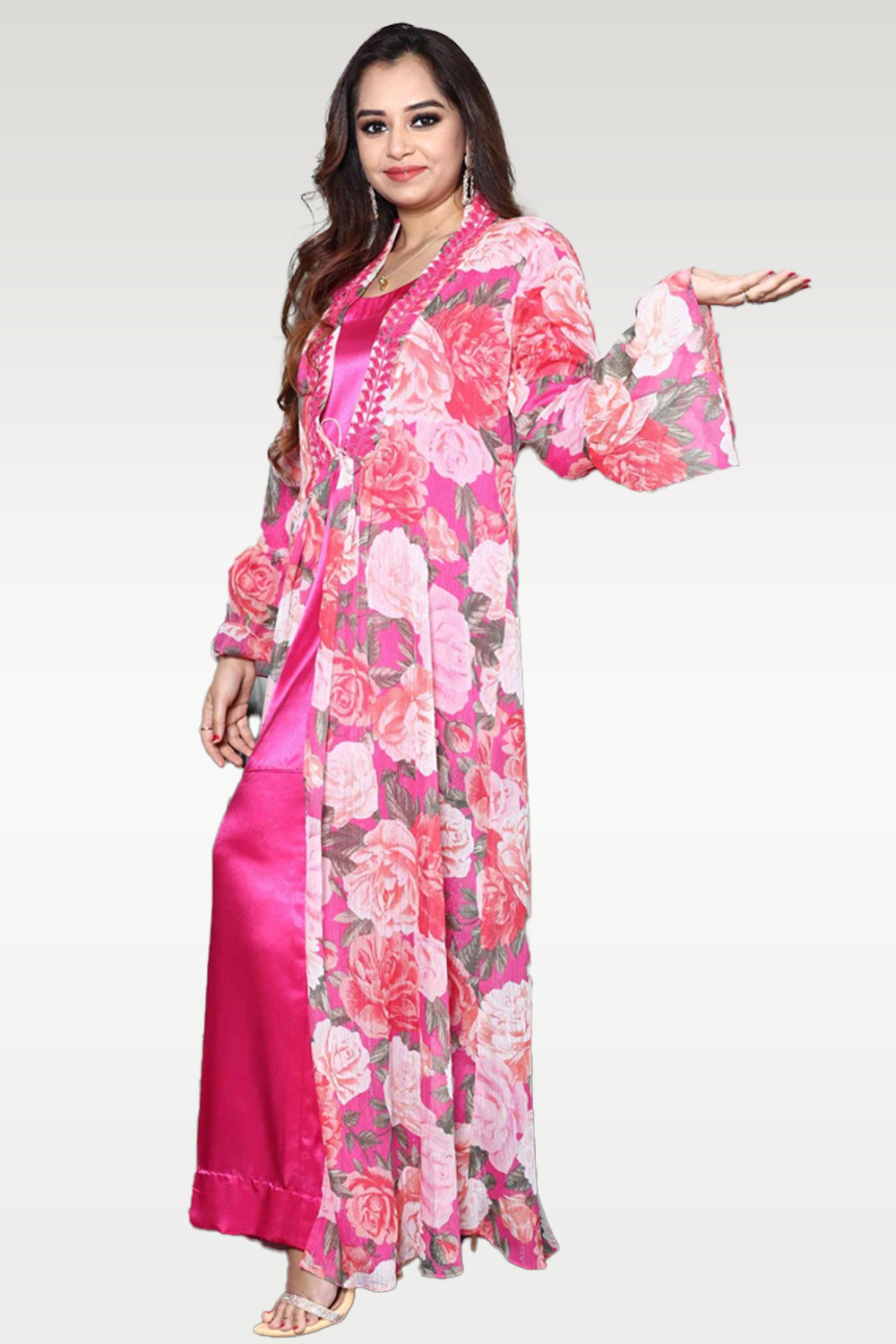 Alish Bright Pink Co Ord Set with Floral Cape RMIW