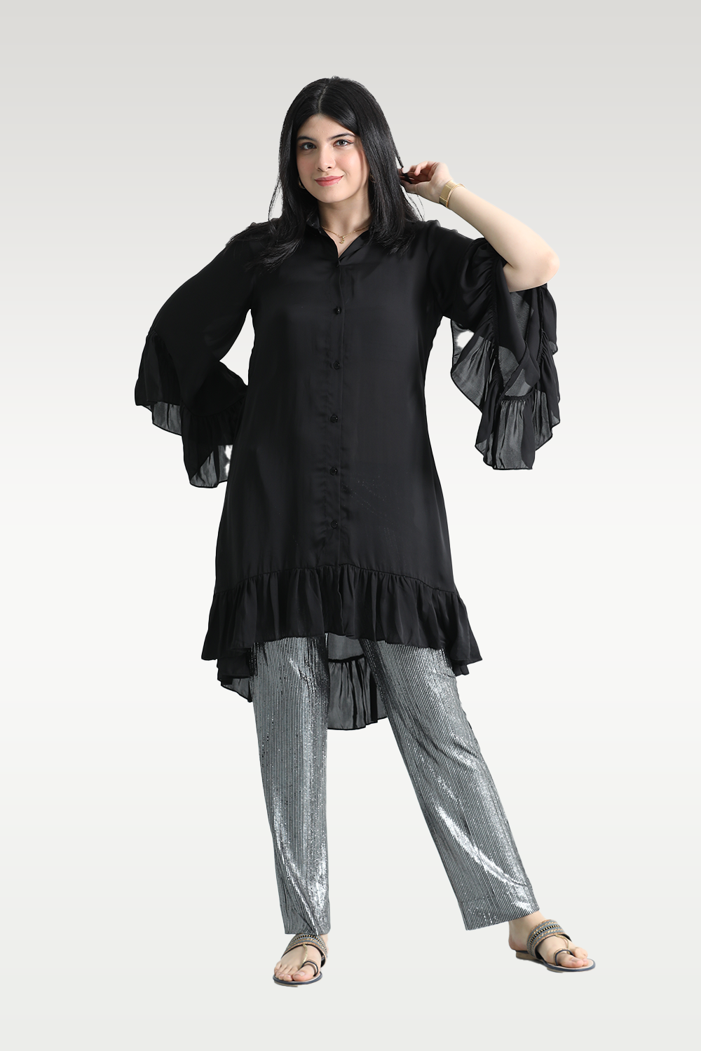 Alish Black Kurti with Designer Sleeve and Grey Pant