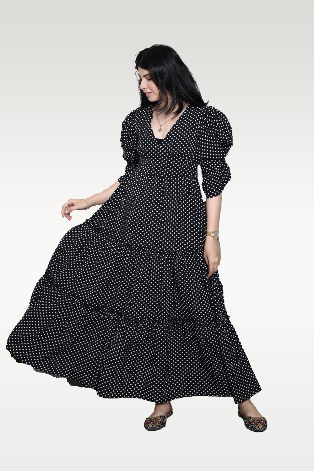 Alish Black and White Polka Dot Long Gown RMQ