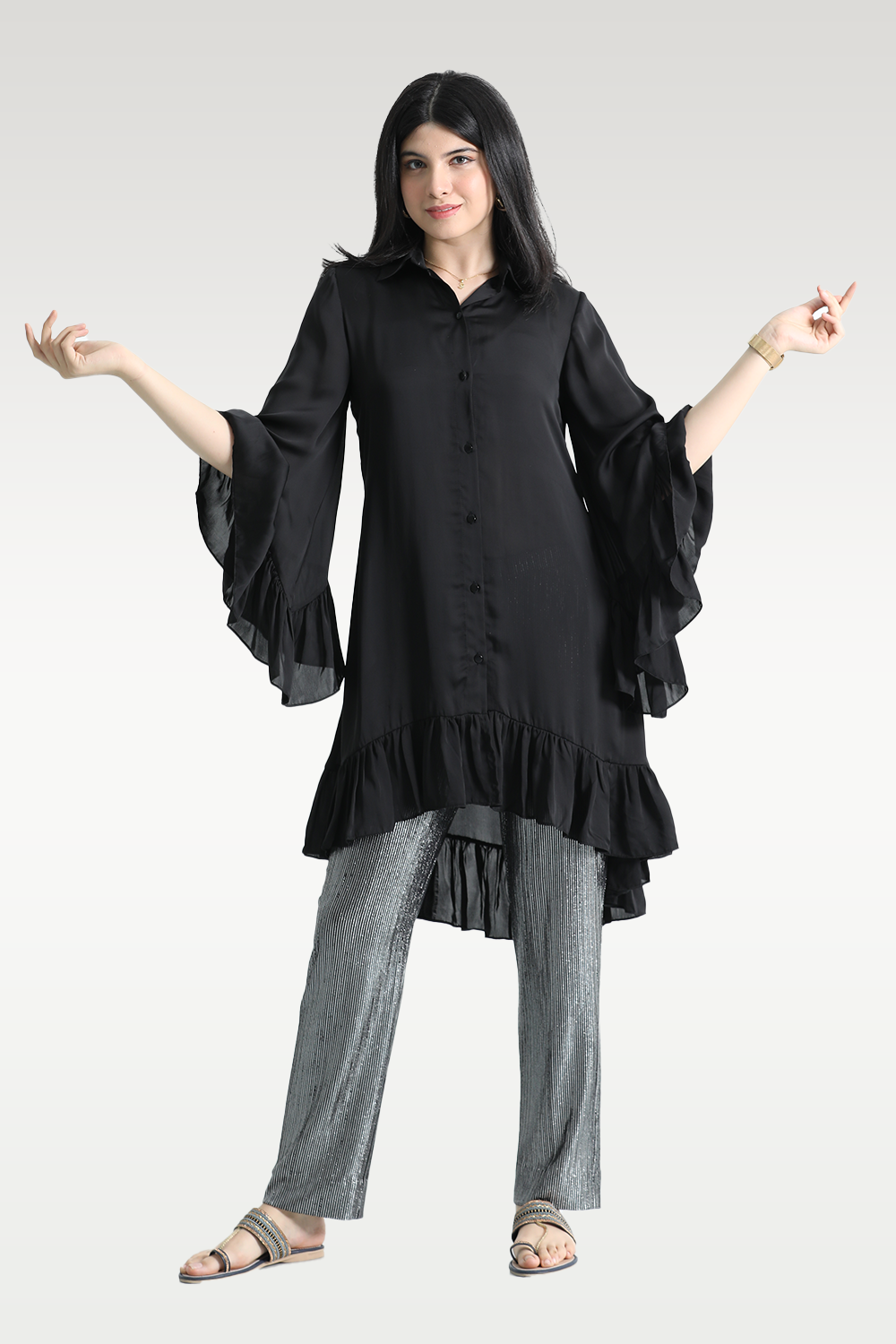 Alish Black Kurti with Designer Sleeve and Grey Pant