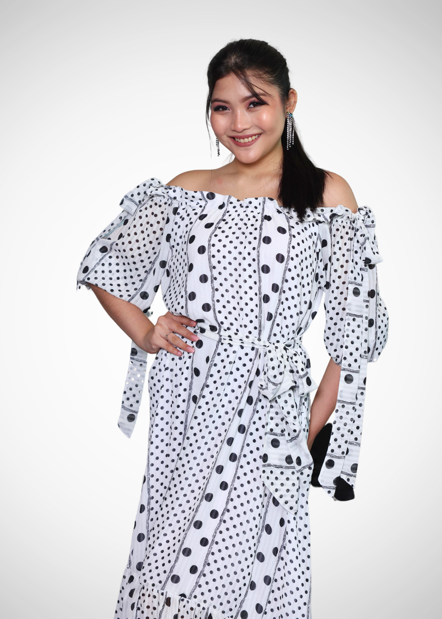 Alish Dotted White & Black Polka Long Dress RMA