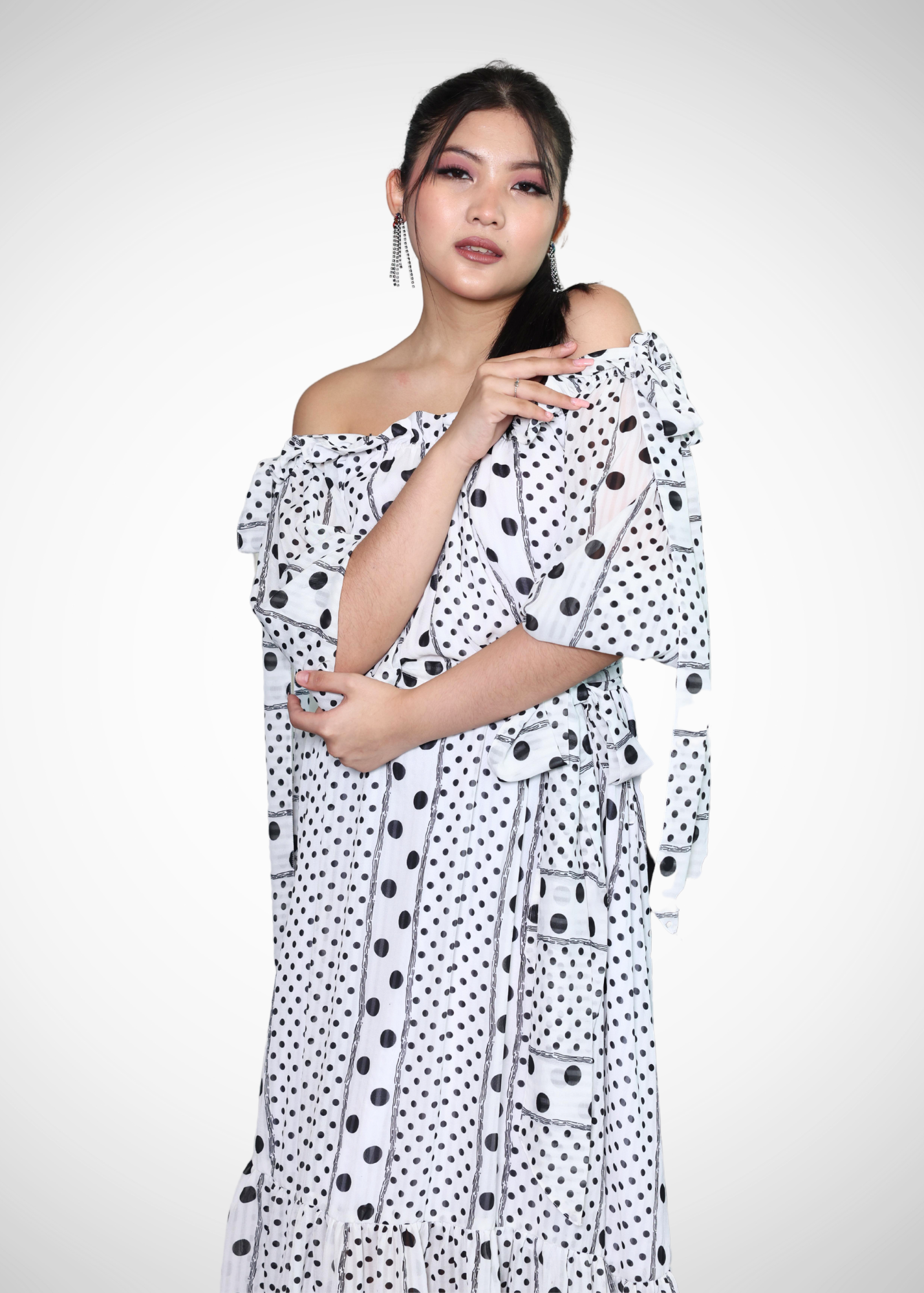 Alish Dotted White & Black Polka Long Dress RMA