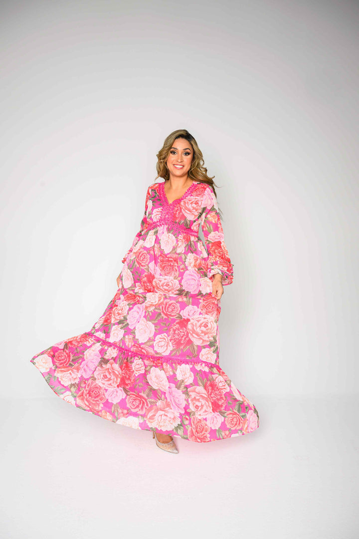 Alish Pink Floral Chiffon Flowy Gown RMHD1
