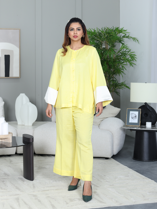 Linen Lemon Yellow Cord Set with Cream Silk Cuffs