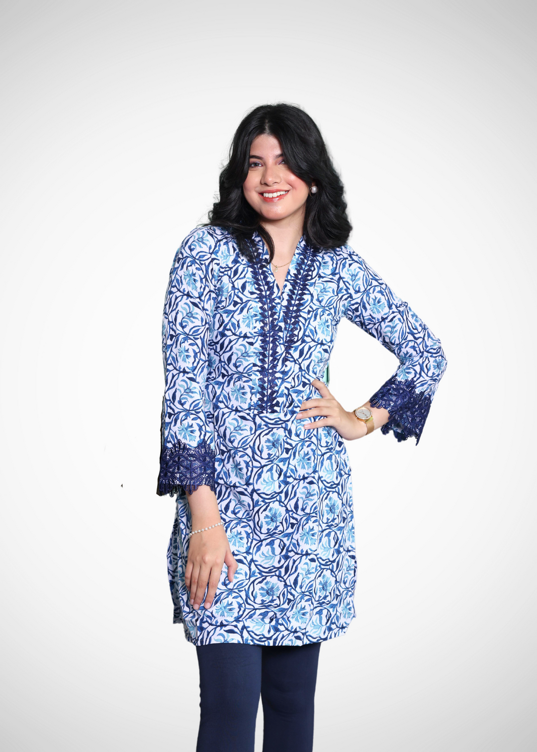 Alish Navy Blue Lawn Printed Kurti Embellished with Blue Lace