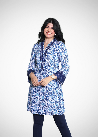 Alish Navy Blue Lawn Printed Kurti Embellished with Blue Lace