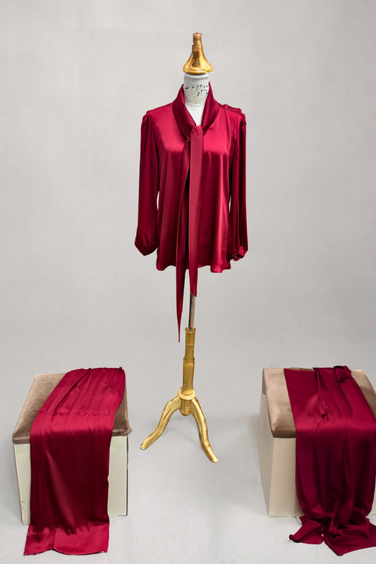 Silken Elegance: Ruby Tie-Neck Blouse