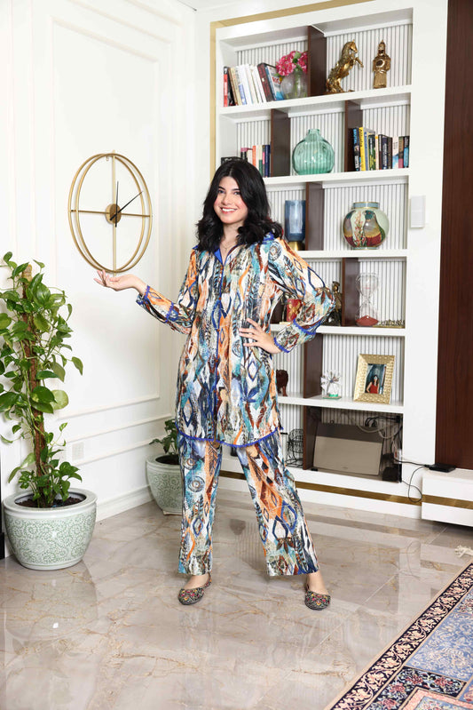 Asymmetric Design Blue Crepe Co-Ord Set RMGY