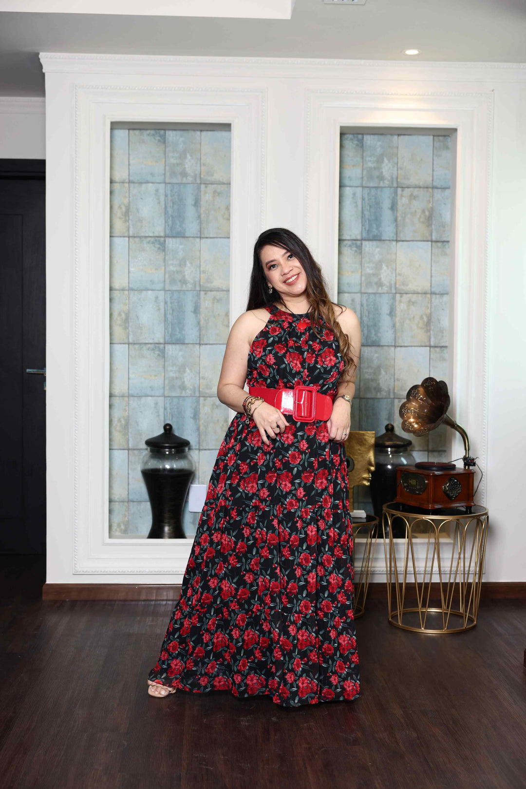 Printed Red Rose flowy Chiffon Gown RMHZ