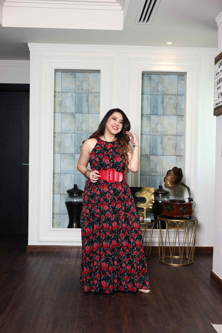 Printed Red Rose flowy Chiffon Gown RMHZ