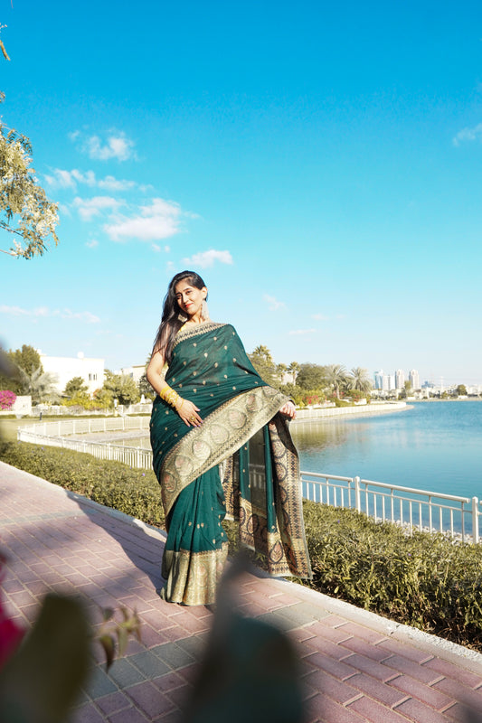 Green Saree with Golden Borders