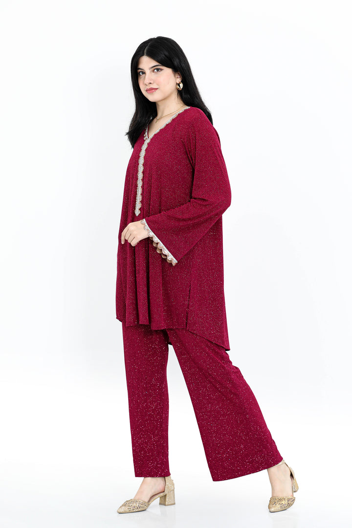 Alish Maroon Glittery Co Ord Set with Full Sleeve and Glittery Golden Borders